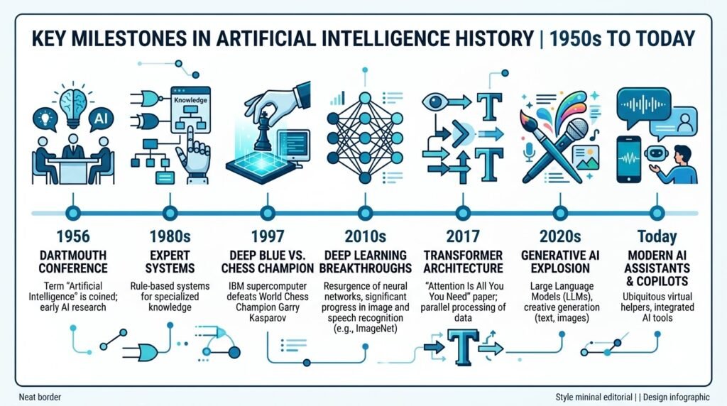 Timeline highlighting major milestones in the development of artificial intelligence.