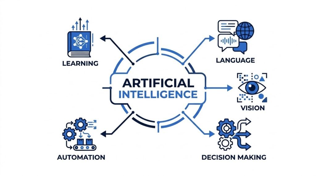 Infographic showing the main capabilities of artificial intelligence including learning, language, vision, automation, and decision making.