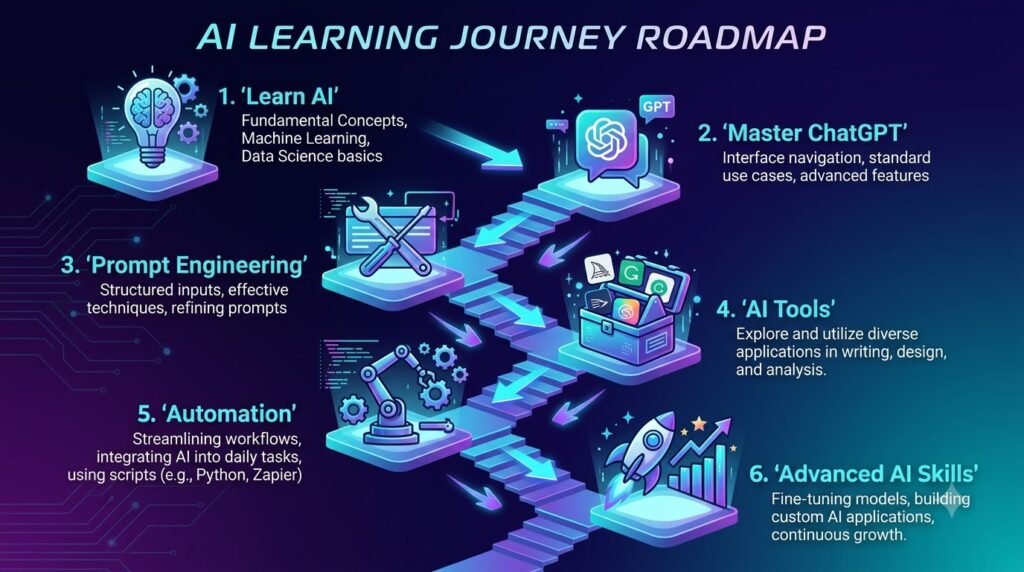 Roadmap illustrating a beginner's progression from learning AI basics to advanced AI skills. chatgpt guide for beginners