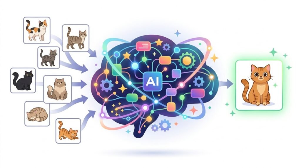 Illustration showing how an AI system learns to recognize cats from training images.