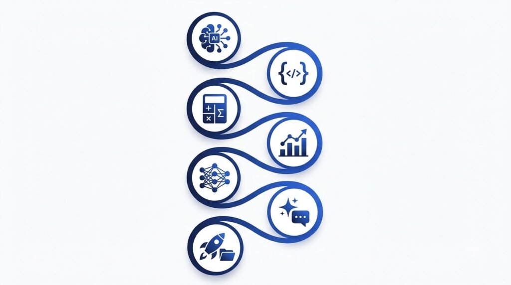Visual of AI learning roadmap illustrating the seven stages of learning Artificial Intelligence from beginner to advanced projects.