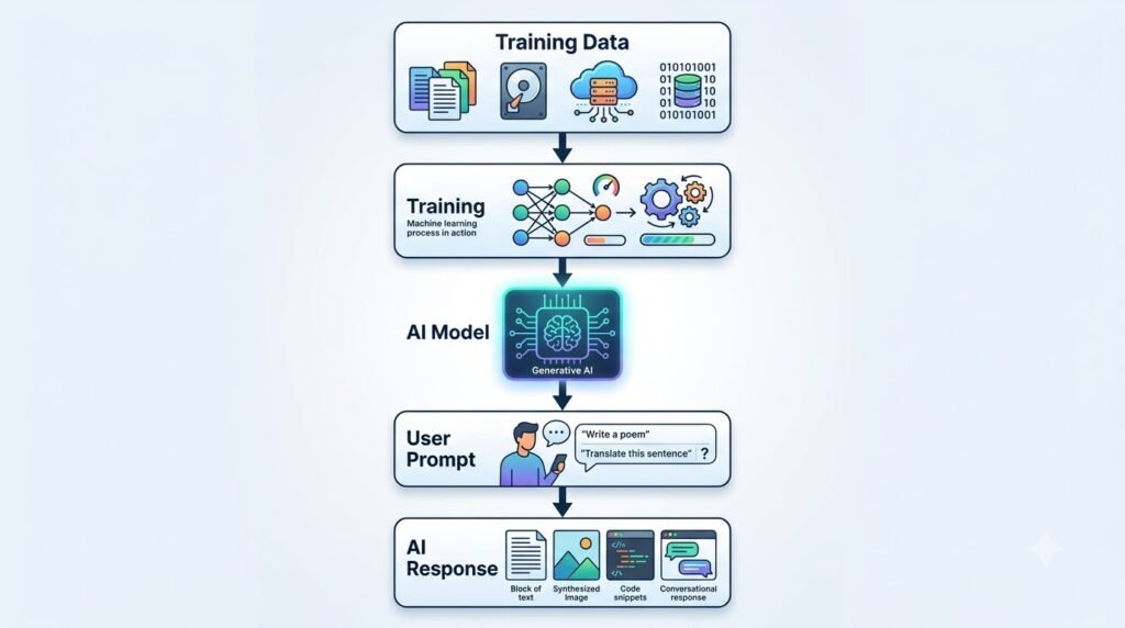 Simple workflow illustrating how training data becomes an AI model that generates responses to user prompts.
