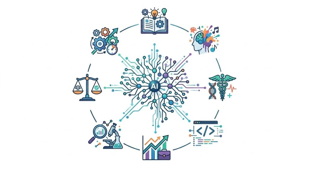 Summary illustration representing the key concepts and applications of artificial intelligence. AI explained