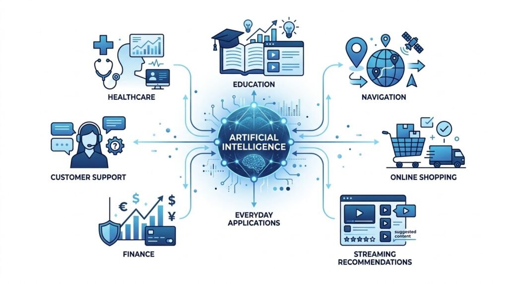 Illustration showing common real-world applications of artificial intelligence
