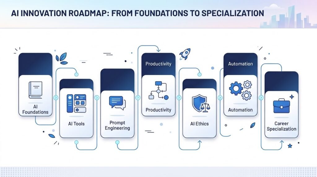 Seven-stage AI skills roadmap showing the recommended order for learning artificial intelligence.