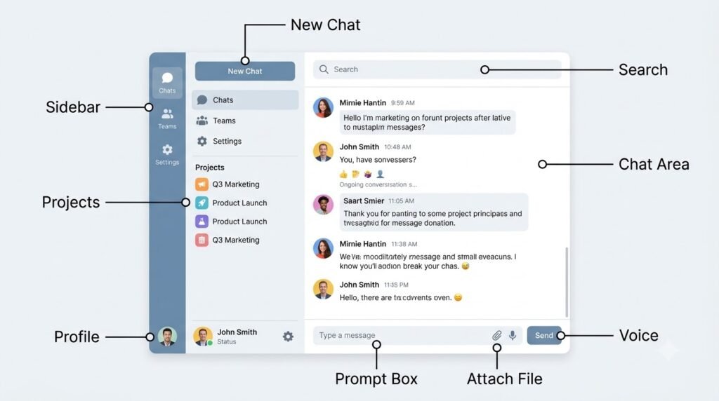 Annotated ChatGPT interface highlighting key navigation and chat features.