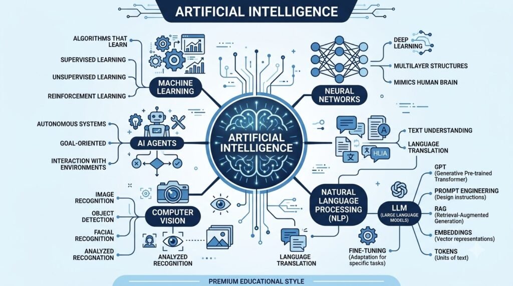 Mind map connecting key artificial intelligence concepts covered throughout the AI glossary.