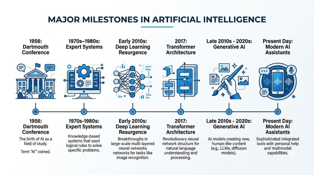 Timeline highlighting major milestones in the history of artificial intelligence from 1956 to modern AI assistants.