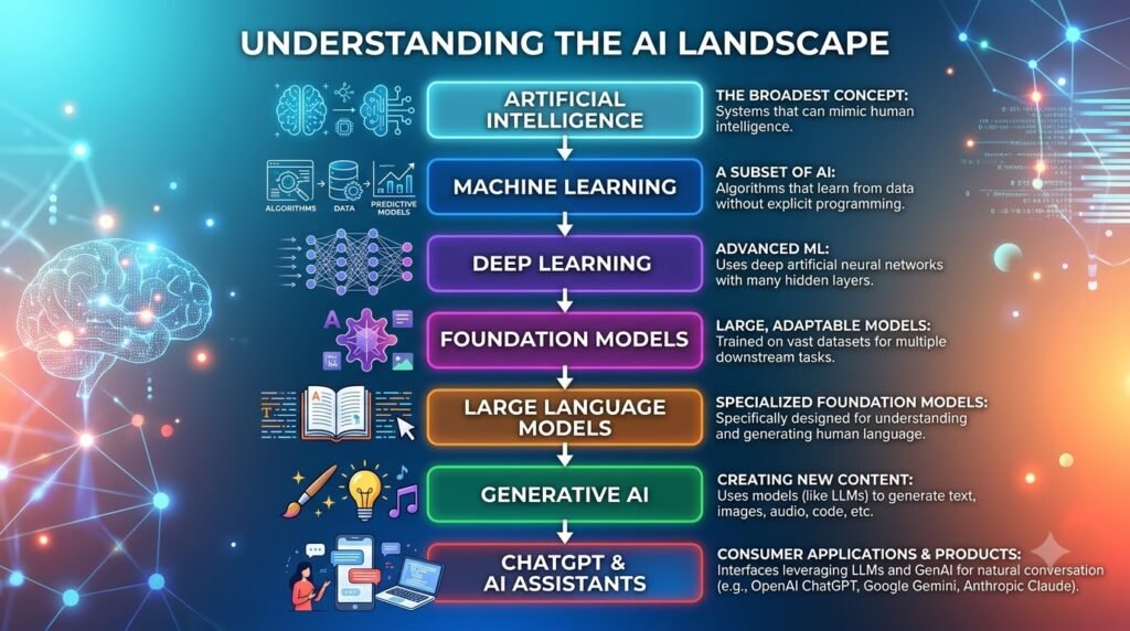 Diagram showing the progression from artificial intelligence to generative AI and modern AI assistants.
