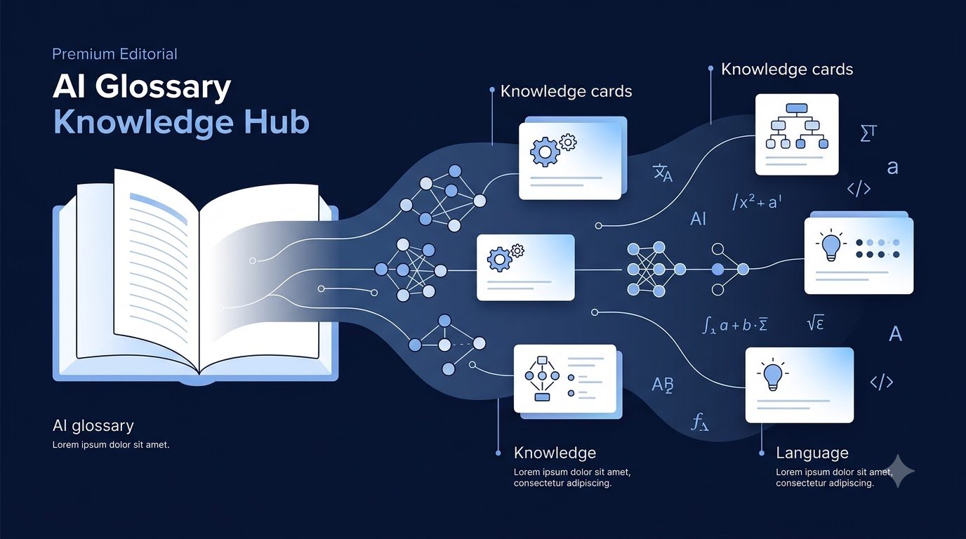 Editorial illustration representing an AI glossary with interconnected artificial intelligence concepts and educational resources.
