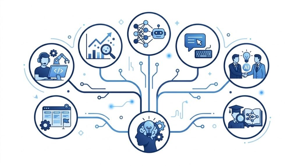Illustration showing different career paths available after learning Artificial Intelligence.