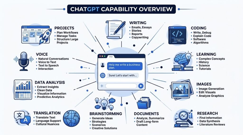 Infographic highlighting the main capabilities of ChatGPT.