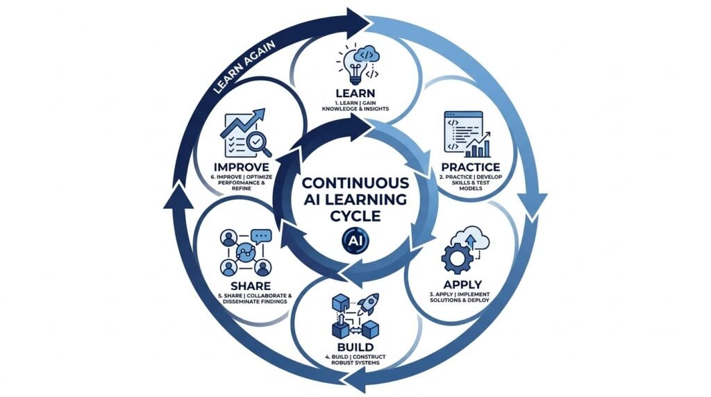 Circular AI learning cycle showing continuous improvement through learning, practice, application, and refinement.