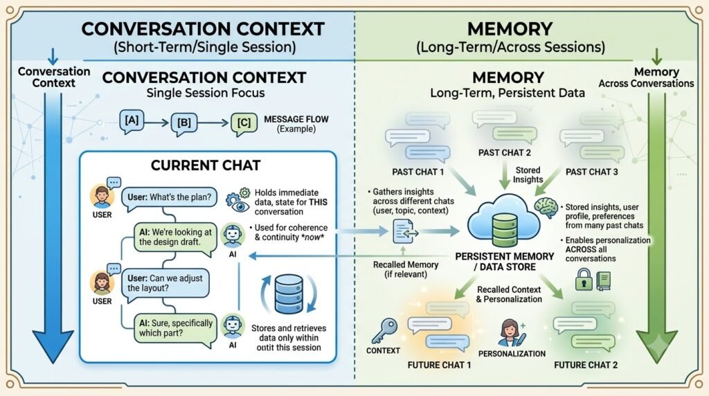Diagram comparing conversation context and ChatGPT Memory.