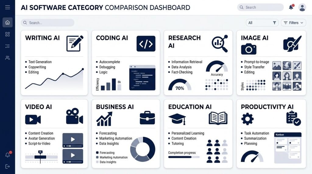 Dashboard comparing different categories of AI tools.