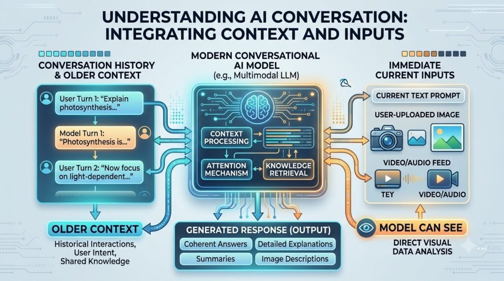 Illustration showing that an AI model can only consider a limited portion of a conversation at one time.