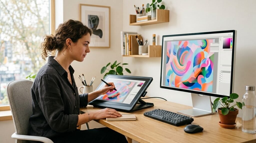 Designer creating digital artwork with AI image generation software.