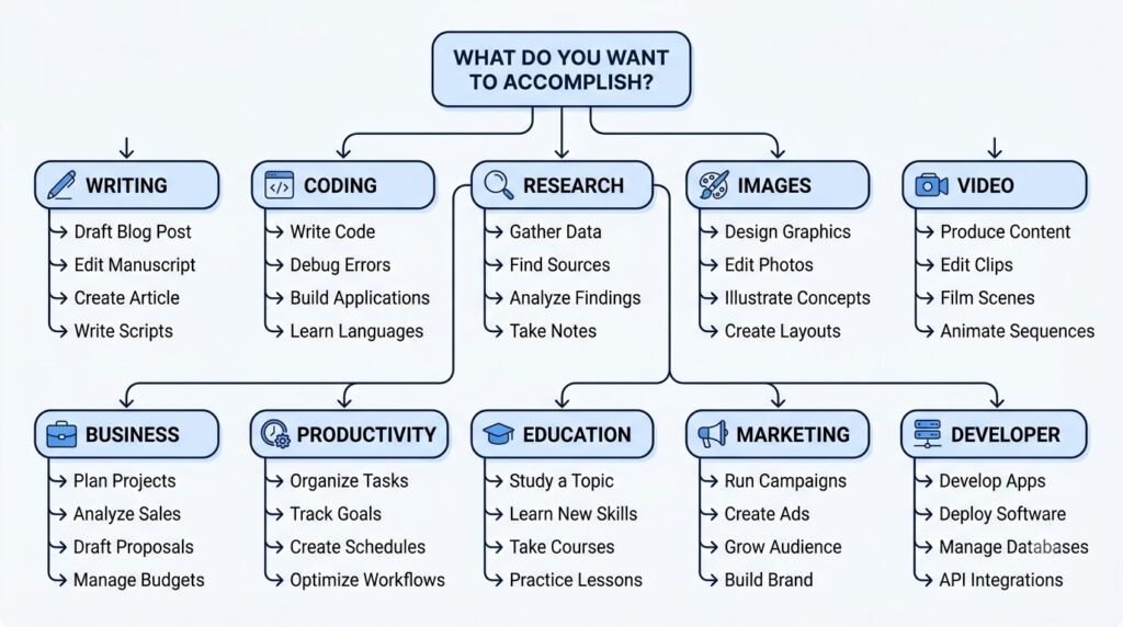 Flowchart helping beginners choose the right AI tool based on their goals.