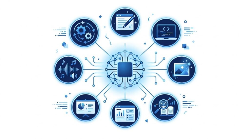 Illustration showing different applications of Generative Artificial Intelligence.