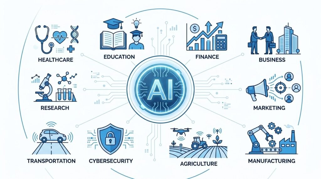 Infographic illustrating artificial intelligence applications across multiple industries.