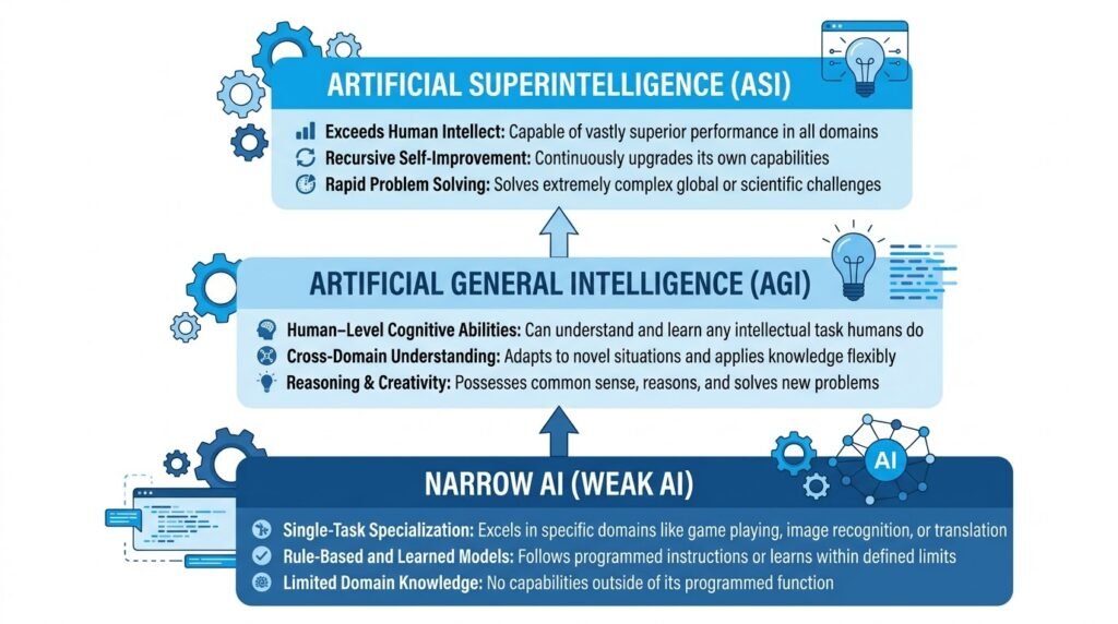 Hierarchy diagram showing Narrow AI, Artificial General Intelligence, and Artificial Superintelligence.