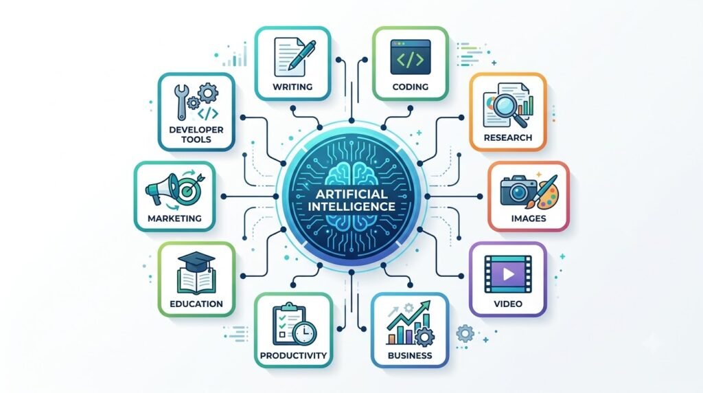 Diagram showing major categories of AI tools and how they relate within the AI ecosystem.