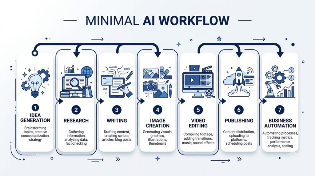 Workflow showing how multiple AI tools can be combined into a complete productivity system.