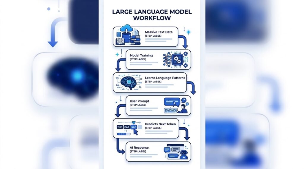Workflow illustrating how a Large Language Model explained is trained and generates responses.