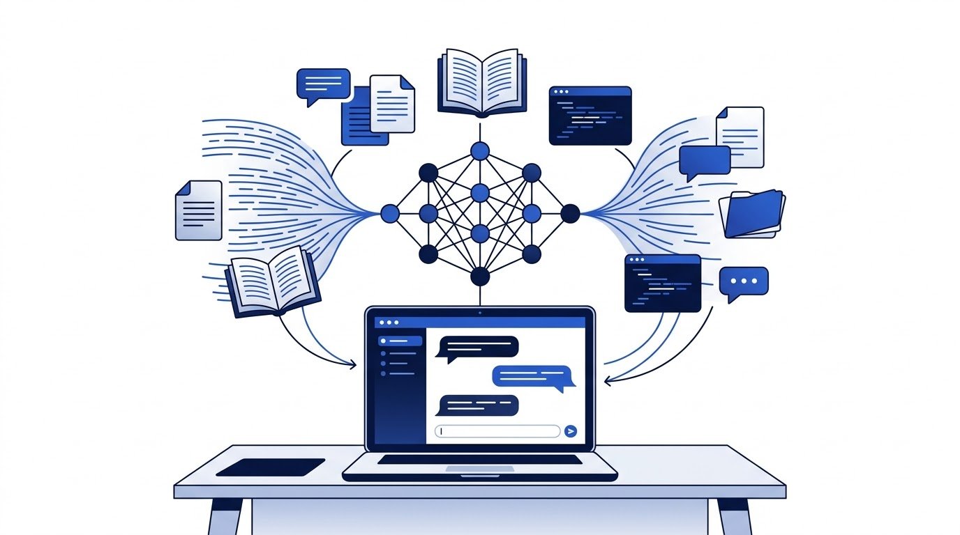 Editorial illustration showing how a Large Language Model explained processes language to generate AI responses.