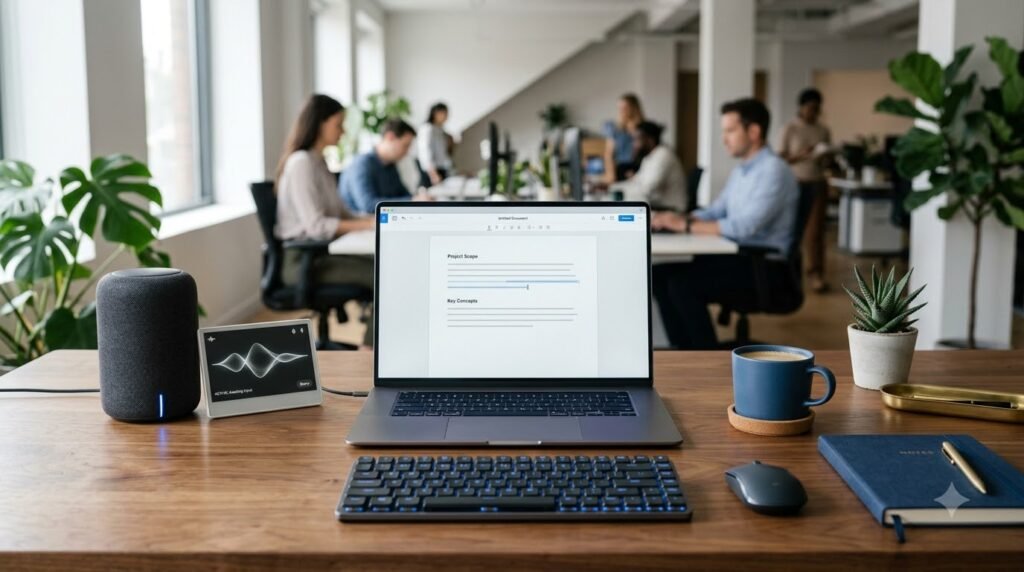 Writer using AI software to create and edit digital content.