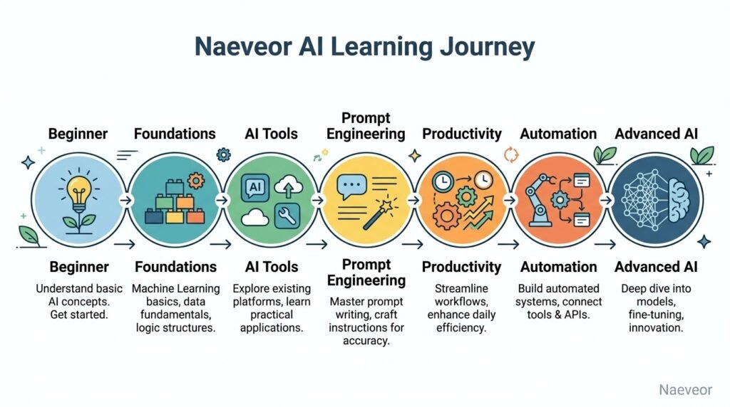 Learning roadmap illustrating the recommended path for beginners to learn artificial intelligence.
