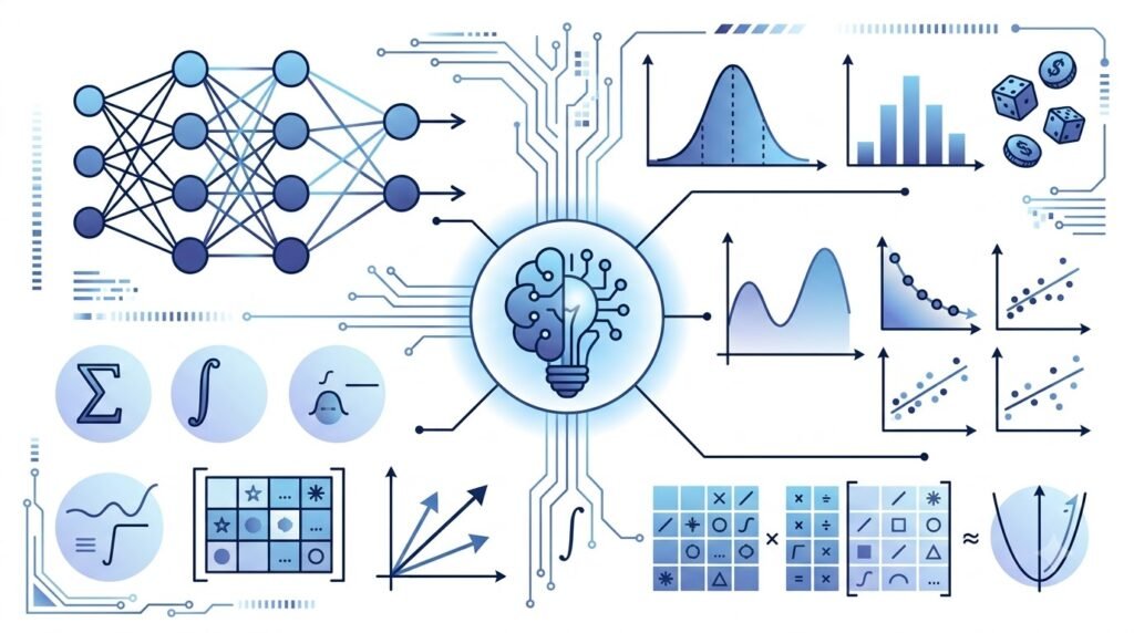 Illustration showing mathematical concepts that support Artificial Intelligence learning.