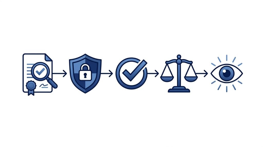 Illustration representing responsible AI practices including verification, privacy, fairness, and transparency.