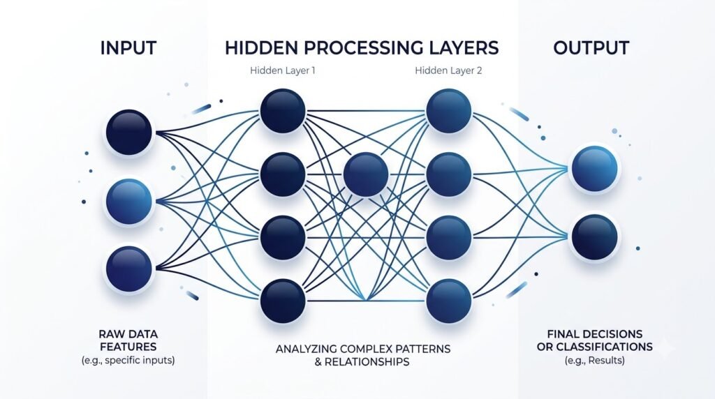 Simple neural network showing input layers, hidden layers, and output