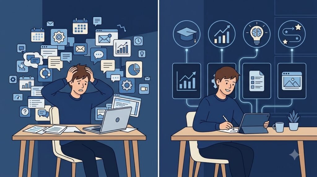 Comparison between learning every AI tool and mastering a focused set of essential tools.