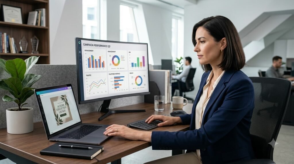Marketer using AI software for digital marketing campaigns.