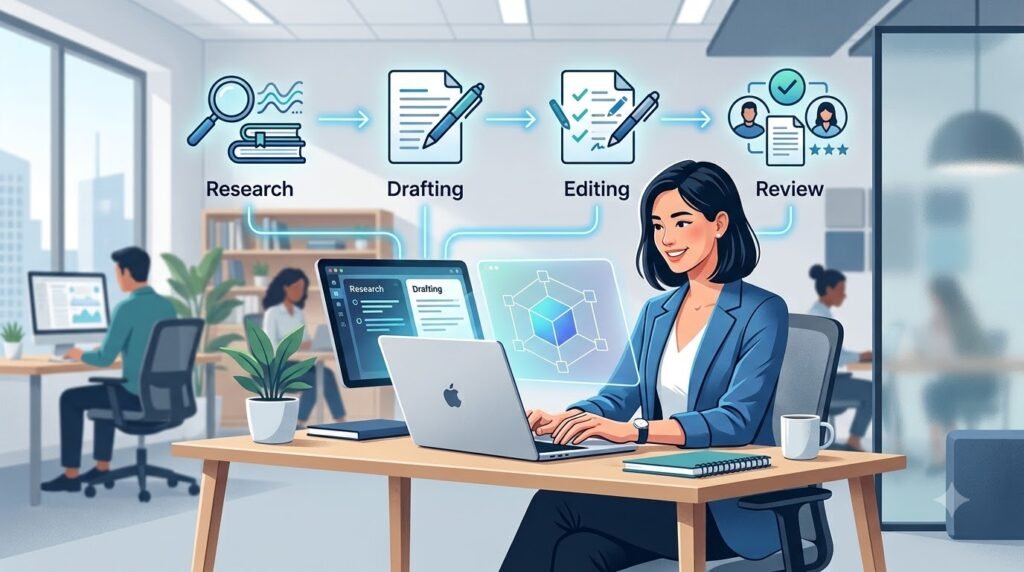 Human professional collaborating with AI to complete everyday work tasks.