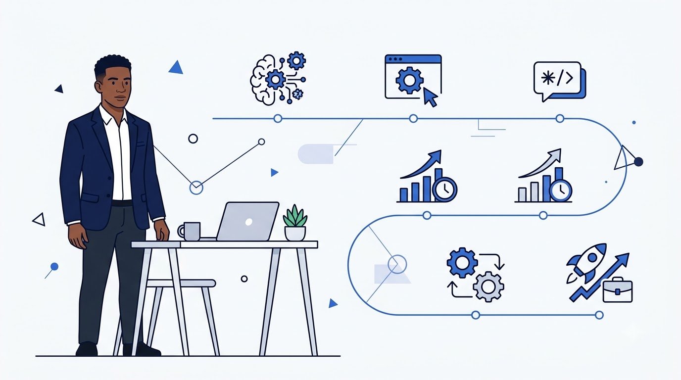 Person beginning an AI skills learning roadmap with milestones leading to career growth.