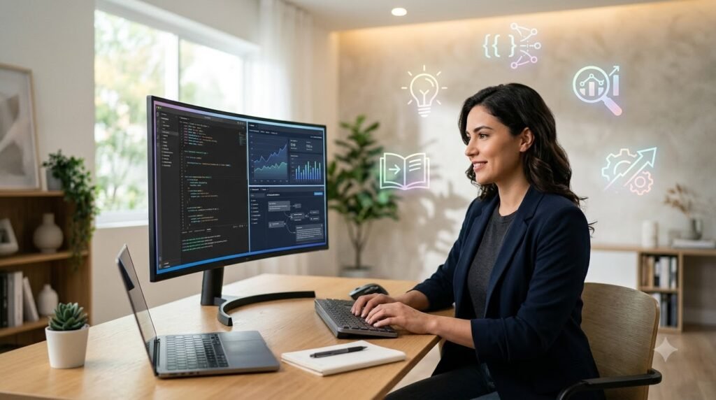 Professional using multiple AI tools to improve learning and productivity.