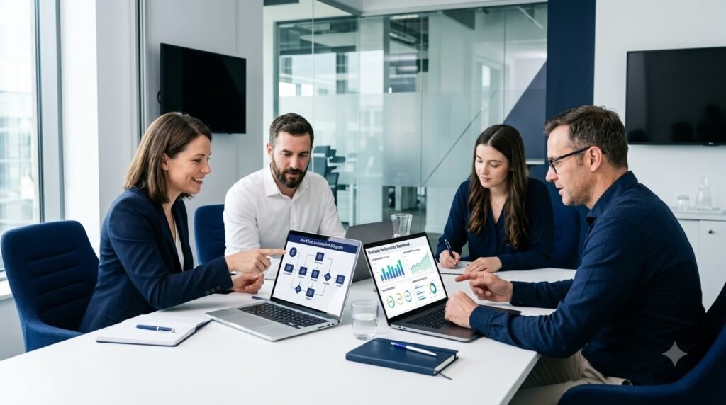 Business team using AI tools to automate workflows and improve productivity.