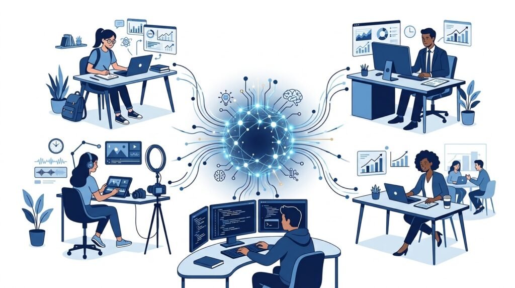 Different professionals using AI skills in education, business, content creation, entrepreneurship, and software development.