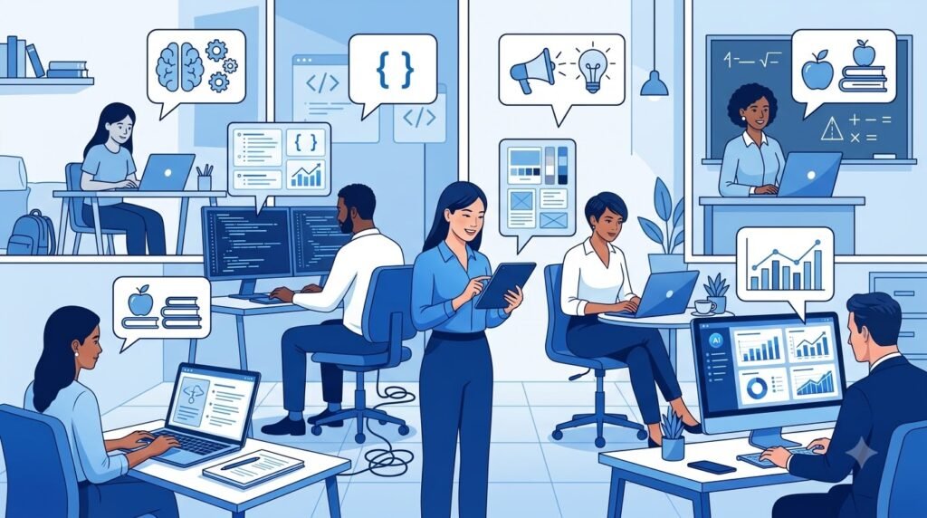Professionals using AI for education, business, marketing, and software development.