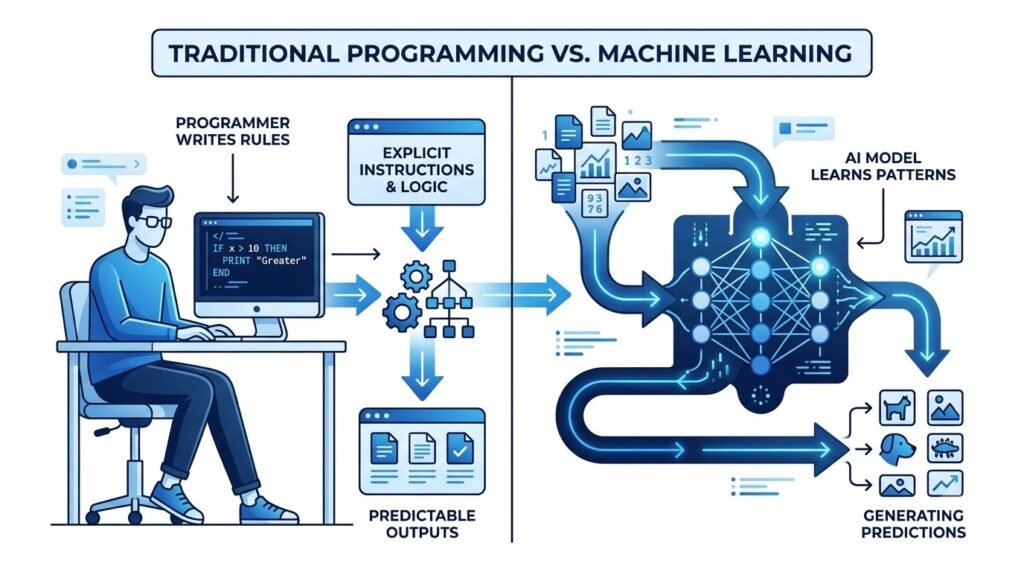 Comparison between traditional programming and machine learning