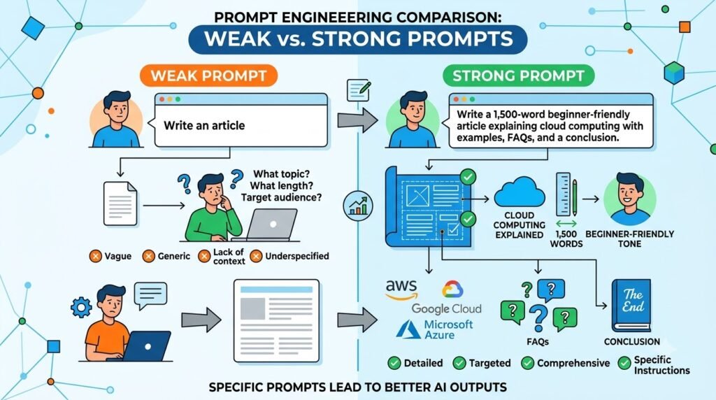 Comparison showing the difference between a vague AI prompt and a detailed structured prompt.