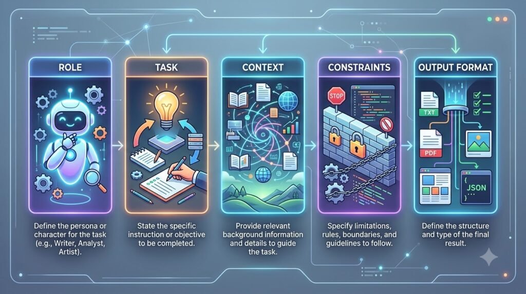 Diagram illustrating the key components of an effective AI prompt.