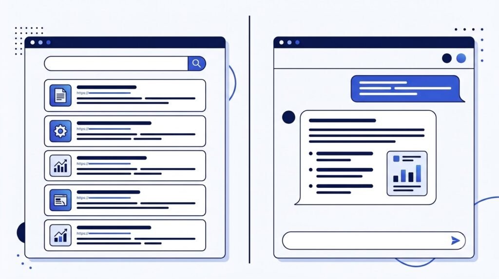 Comparison between a traditional search engine and a Large Language Models explained.