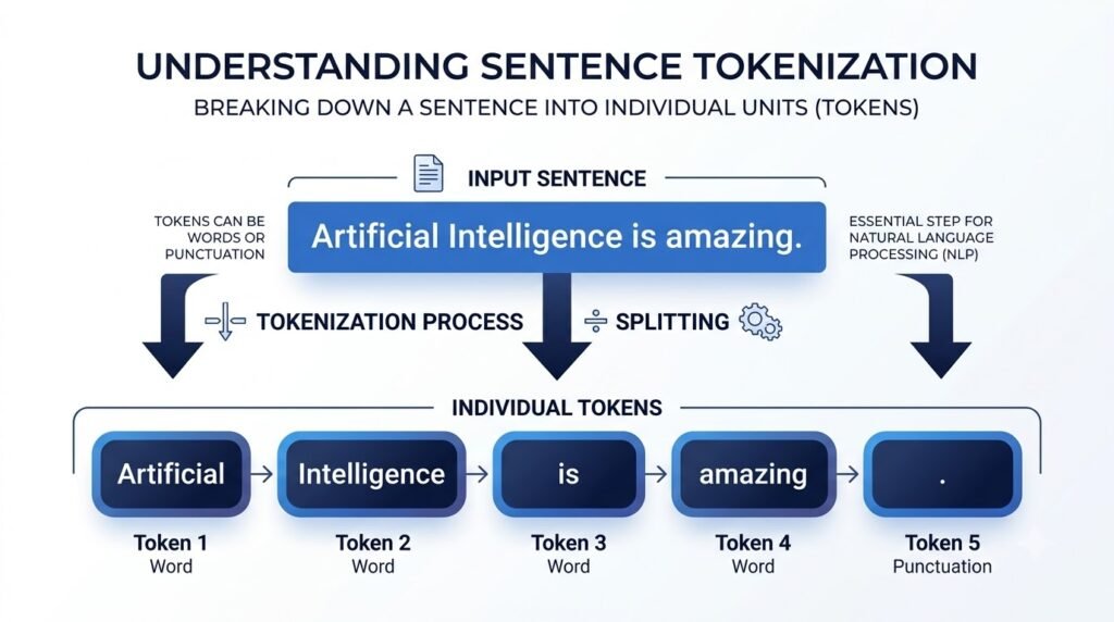 Diagram showing how a sentence is divided into tokens before being processed by a language model.