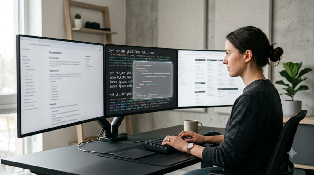 Software developer using AI coding assistance during programming.