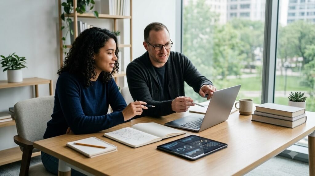 Researcher organizing information using AI-powered research tools.