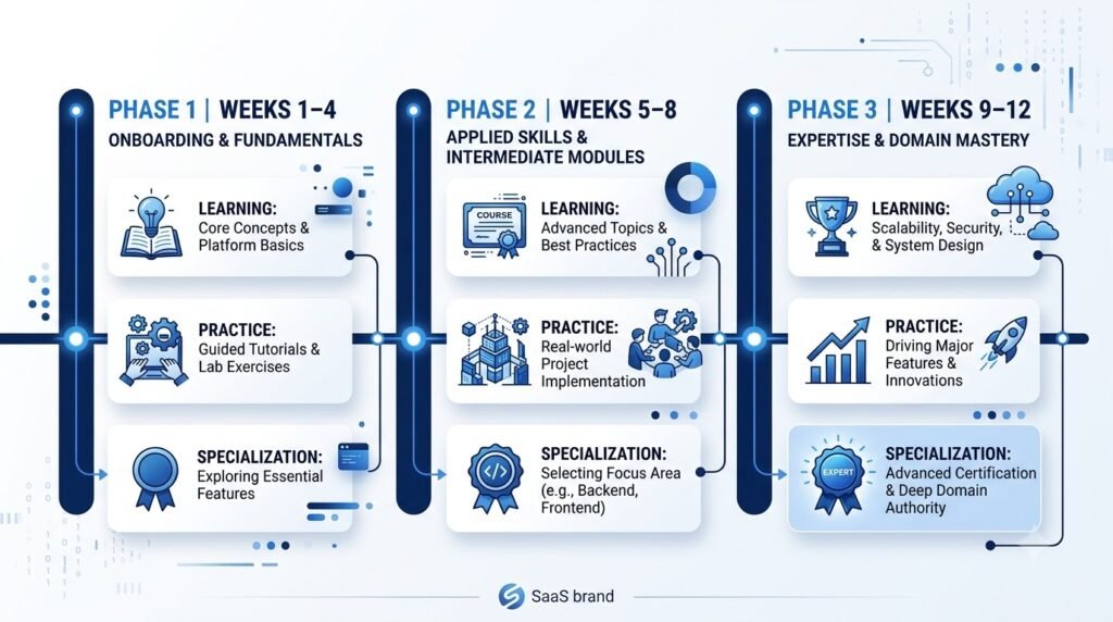 Ninety-day AI learning timeline divided into three progressive learning phases.